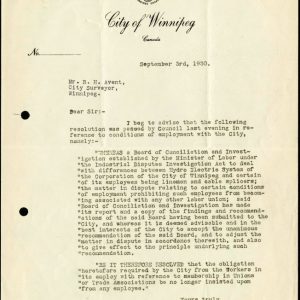 Correspondence between the City Clerk and the City Surveyor referring to the dissolution of the Slave Pact. 1930. Source: City of Winnipeg Archives, City Surveyor series, file 214.