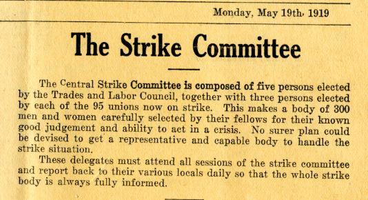An article about the strike committee published in Western Labor News on May 19, 1919, providing information on its members. Source: University of Manitoba Libraries