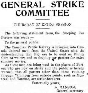 A statement from the Sleeping Car Porters informing the General Strike Committee that the Canadian Pacific Railway is brining Black men from the U.S. into Canada to replace striking sleeping car porters. Source: Western Labor News, University of Manitoba Libraries.
