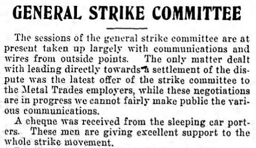 An article highlighting the excellent support for the strike received from the Sleeping Car Porters. Western Labor News, June 9, 1919. UML.