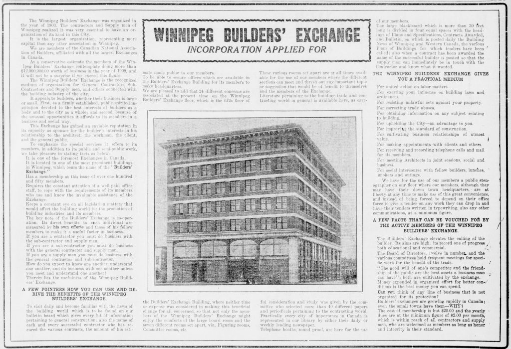 An article on the Builders' Exchange published in the Winnipeg Tribune, June 12, 1909. Source: University of Manitoba Libraries.