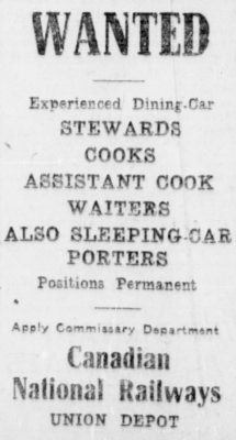 An advertisement to replace striking sleeping car porters. Winnipeg Tribune, June 23, 1919. UML.