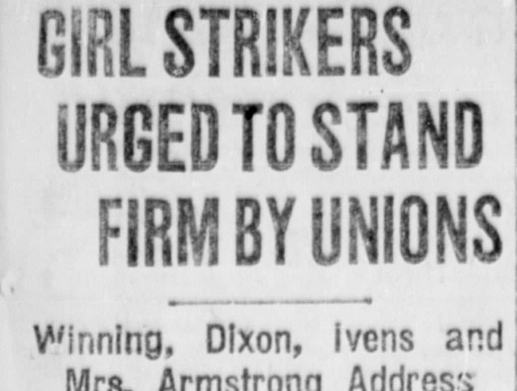 Newspaper clipping reading Girl strikers urged to stand firm by union. Source: University of Manitoba Libraries