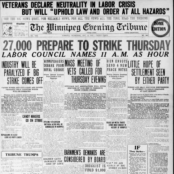 Front page of the Winnipeg Tribune on May 14, 1919. The headline reads: 27,000 prepare to strike Thursday. Source: University of Manitoba Libraries.