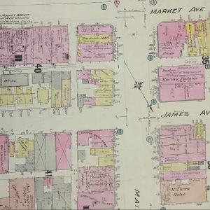 A map showing Hell’s Alley between James and Market Avenues, to the left of Main Street. COWA. Charles E. Goad Co. Collection.