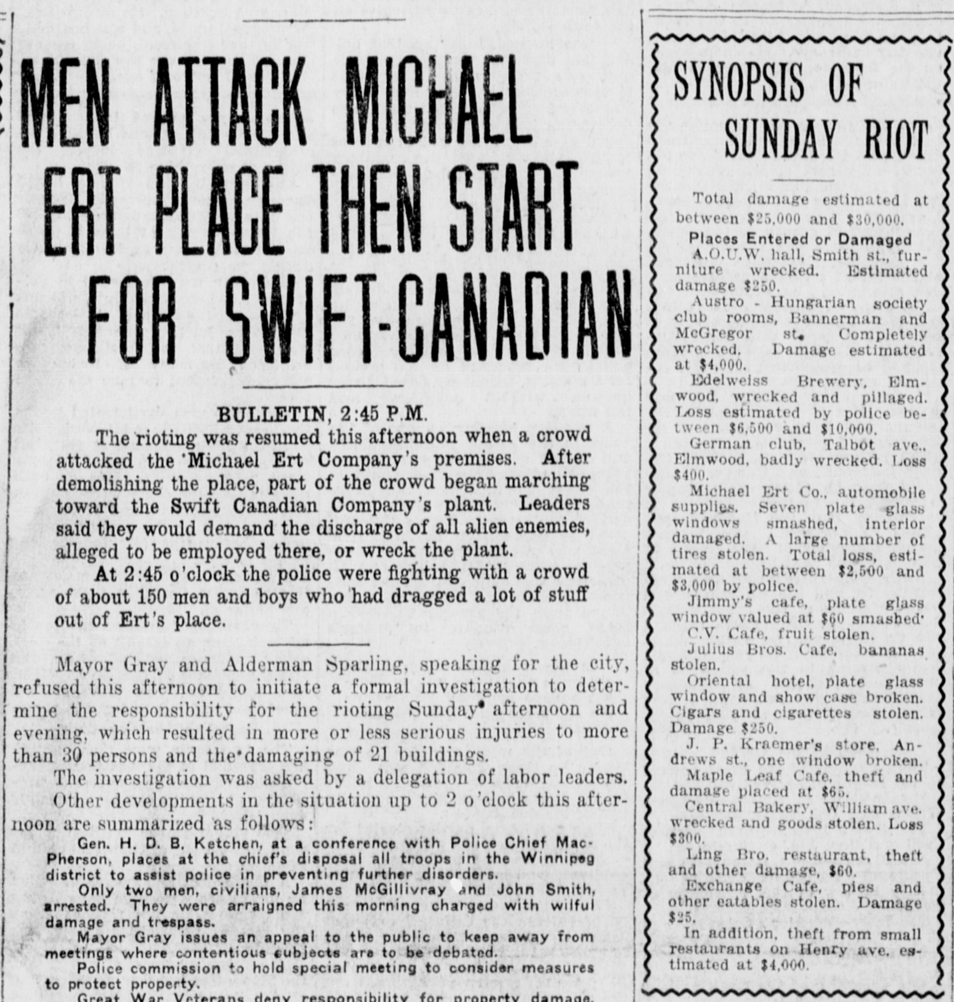 A summary of the January 26, 1919 riots against alien owned or sympathic establishments. Winnipeg Tribune, January 27, 1919.