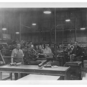 Interior of Dominion Bridge. Co. plant showing employees at various workstations, 1940. Source: City of Winnipeg Archives. Photograph Collection . Reference number: P9 File 36.