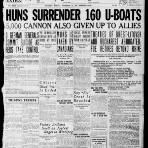 Frontpage on Armistice day. Winnipeg Tribune, November 11, 1918. UML.