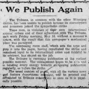 The Tribune resumes printing after their staff walk out on strike. Winnipeg Tribune, May 24, 1919. UML.