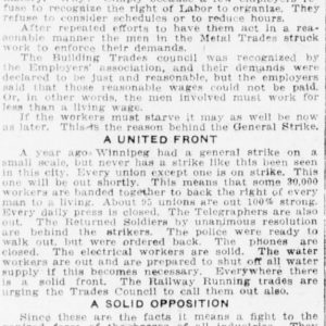 Article reprinted from Western Labor News (May 17, 1919) on the cause of the strike. Winnipeg Tribune, November 24, 1919. UML.