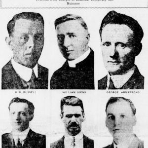 Article in the Winnipeg Tribune featuring photos of six strike leaders to be tried: R.B. Russell, William Ivens, George Armstrong, A.A. Heaps, R.E. Bray and John Queen. Source: University of Manitoba Libraries.