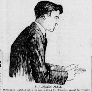 A trial sketch of Fred Dixon. The caption states that the sketch was done while Dixon "was making his dramatic appeal for freedom." Winnipeg Tribune, February 16, 1920. Source: University of Manitoba Libraries.