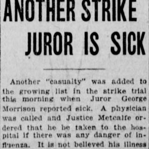 A second juror - George Morrison - falls ill during the strike trial. Winnipeg Tribune, March 13, 1920. Source: University of Manitoba Libraries.