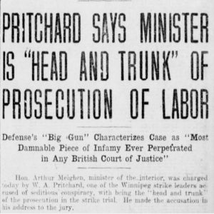 A Winnipeg Tribune article from March 23, 1920, describing the strike trial, when W.A, Pritchard accused Minister Meighen of heading the prosecution. Source: University of Manitoba Libraries.