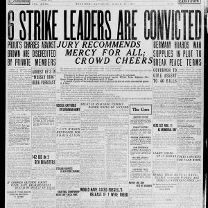 Front page of the Winnipeg Tribune on March 27, 1920, which reads: "6 strike leaders are convicted. Jury recommends mercy for all; crowd cheers." Source: University of Manitoba Libraries.
