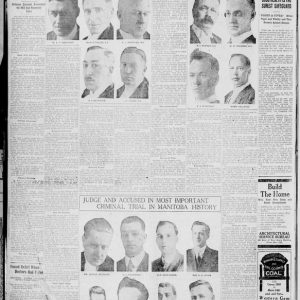 The page of a Winnipeg Tribune newspaper, with images of the strike leaders, judge, defense counsel, and prosecution. Winnipeg Tribune, March 27, 1920. Source: University of Manitoba Libraries.