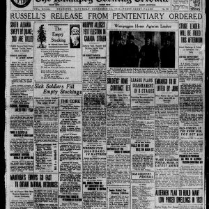 The front page of the Winnipeg Tribune on December 11, 1920. The top headline reads: "Russell's Release from Penitentiary Ordered." Source: University of Manitoba Libraries.