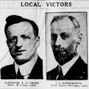 A newspaper clipping showing photographs of A.A. Heaps and J.S. Woodsworth following the 1925 Federal election. The headline reads: "Local Victors". Winnipeg Tribune, October 30, 1925. Source: University of Manitoba Libraries.