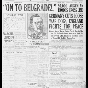 Front page of the Winnipeg Tribune at the start of WWI. July 28, 1914. UML.